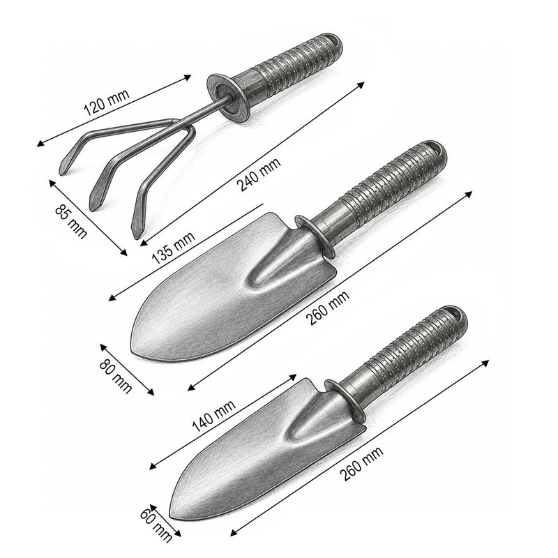 Set di 3 attrezzi da giardinaggio con paletta, trapiantatore, coltivatore e manici in plastica. Breckner Germany