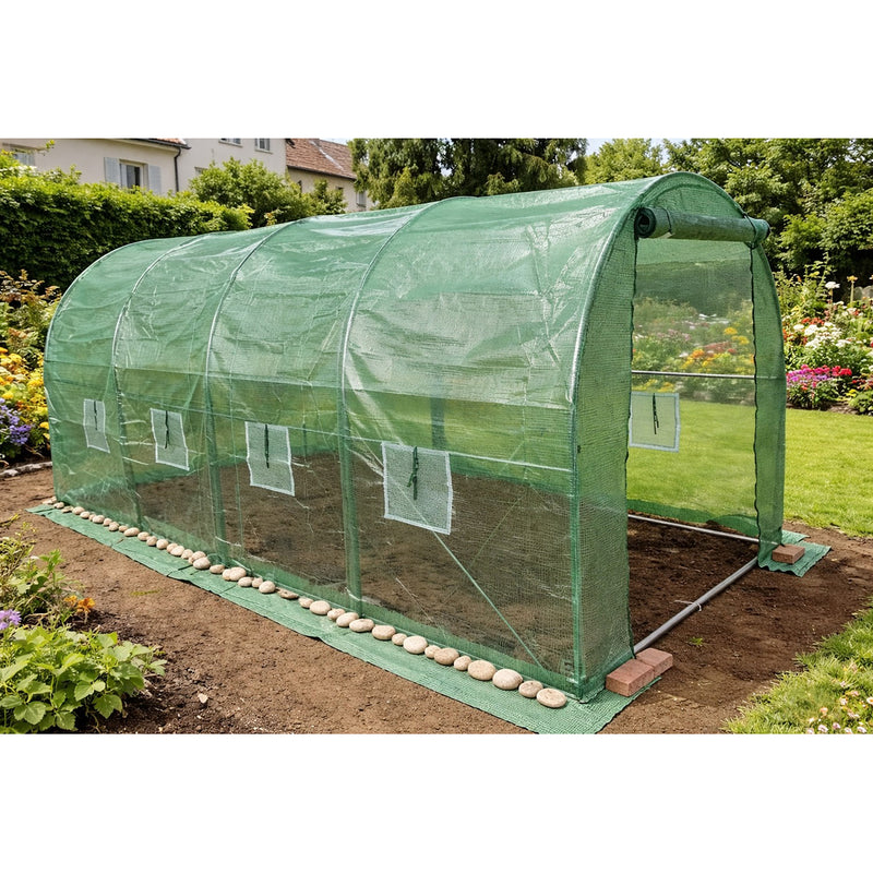 Serra da giardino 400×300×200 cm, telo verde in PE con rete 140 g/m² anti-UV, 1 porta, 8 finestre, tubo in acciaio zincato 19 mm THOR
