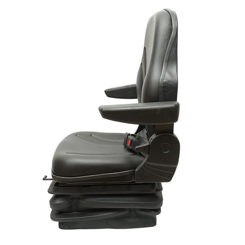 Sedile universale con sospensione pneumatica, regolabile in altezza e in base al peso (50–140 kg), con braccioli e schienale ribaltabile 50–90° per trattori, macchine agricole, mezzi industriali e carrelli elevatori.