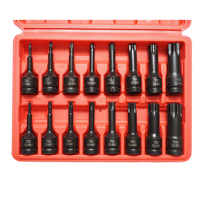 Set di bussole a impatto Torx T20-T100, 1/2 pollice quadrato 16 pezzi