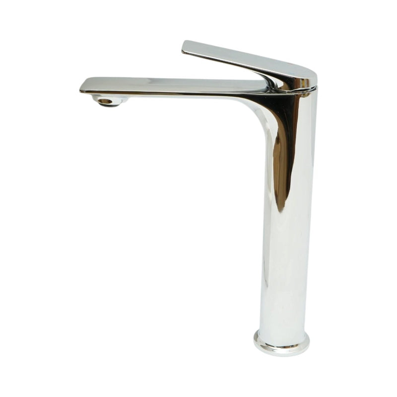 Miscelatore alto di alta qualità per lavabo da bagno in rame, con bocca lunga, design arrotondato, monocomando, finitura cromata lucida e flessibili inclusi.