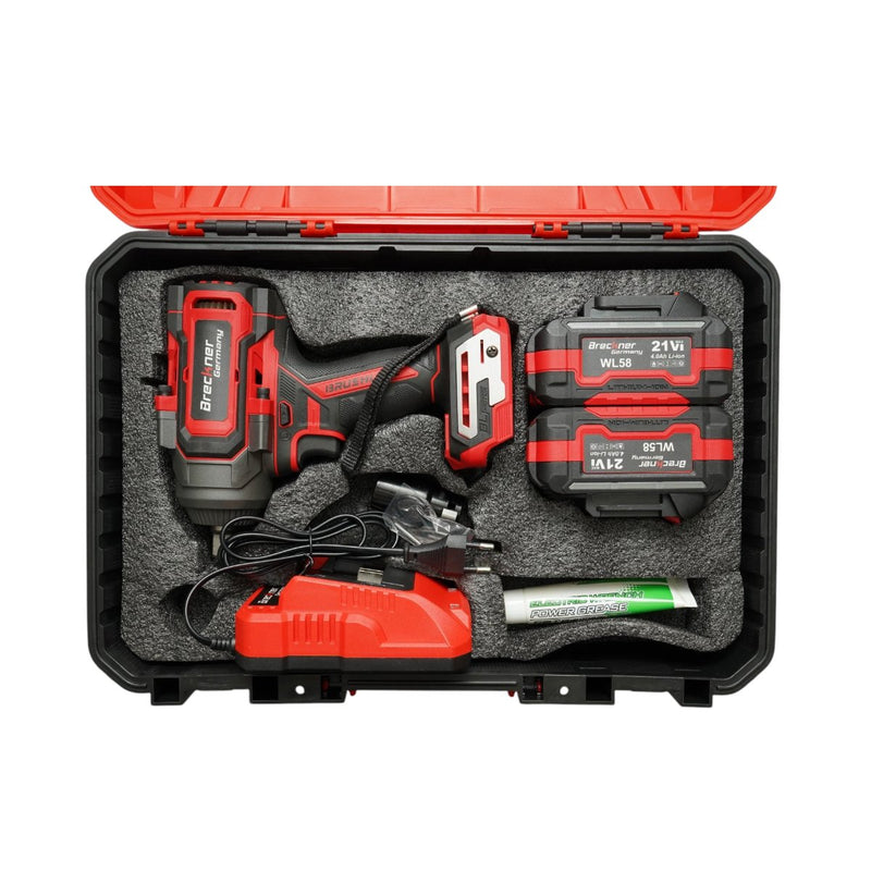 Avvitatore a impulsi da 1/2" 900 W, due batterie agli ioni di litio da 21 V 4 Ah, LED, motore brushless, 1100 Nm, 0–1400/1900/2400 giri/min Breckner Germany