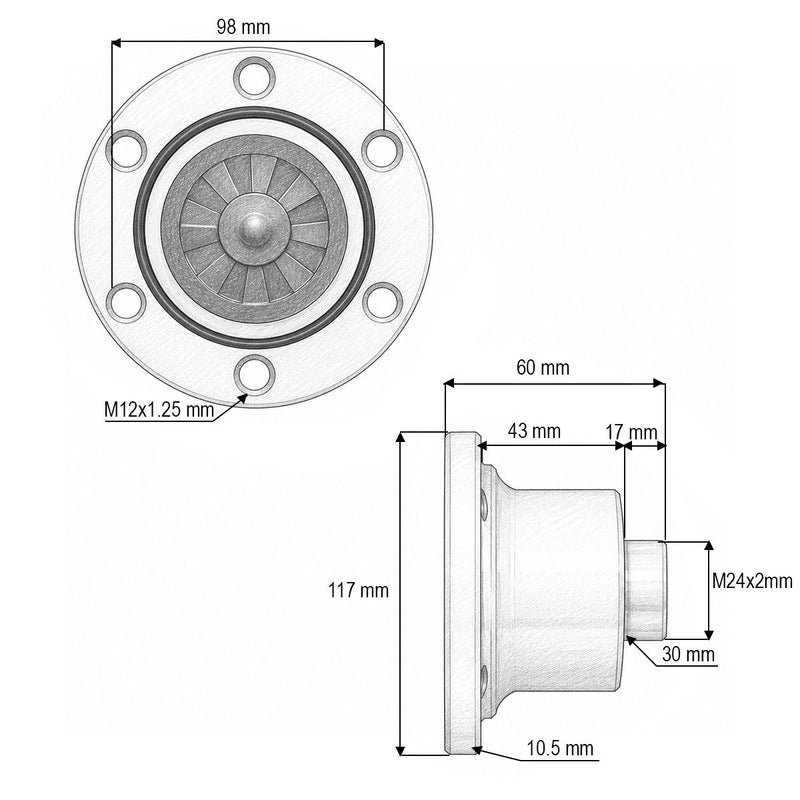 Mozzo per erpice a dischi Kuhn, codici OEM H2227880, H2233060, IL40-100/6T-M20x1.5