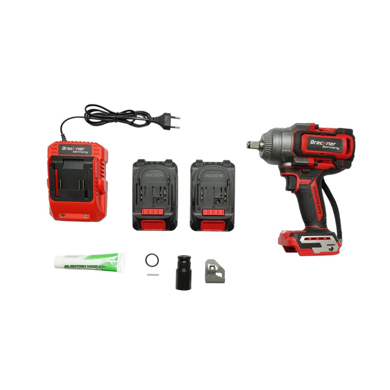 Avvitatore a impulsi da 1/2" 900 W, due batterie agli ioni di litio da 21 V 4 Ah, LED, motore brushless, 1100 Nm, 0–1400/1900/2400 giri/min Breckner Germany