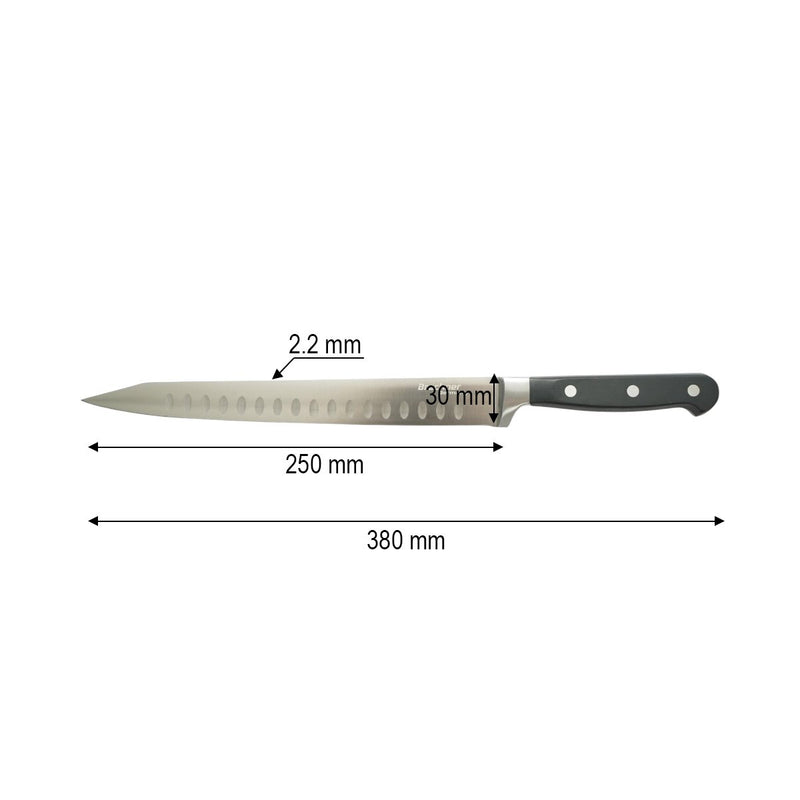Coltello professionale per affettare da 25 cm, lama in acciaio 5Cr15MoV con filo alveolato, manico in ABS nero. Breckner Germany