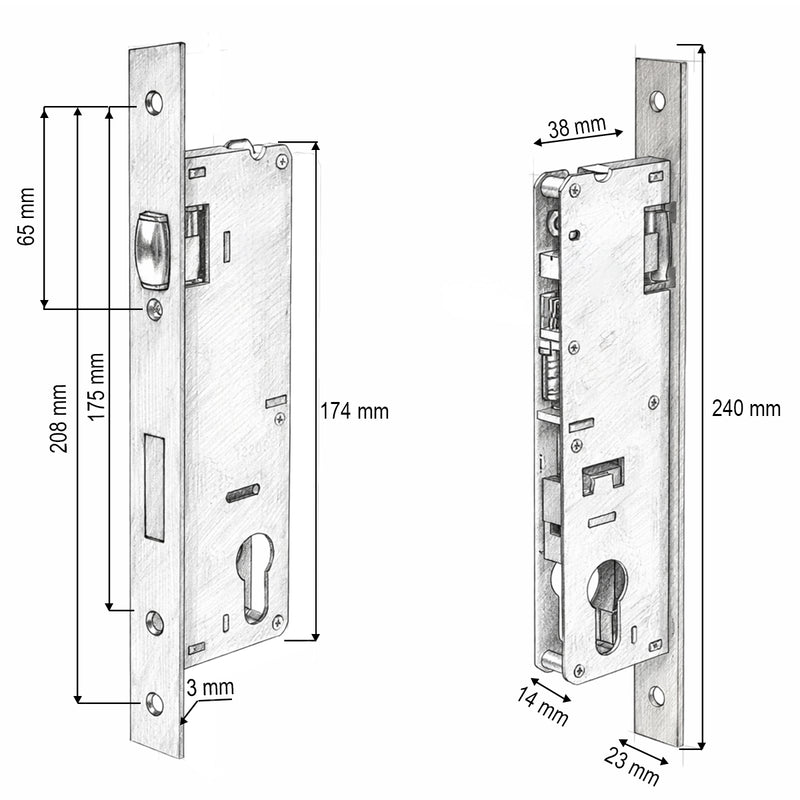 Serratura da infilare con scrocco a rullo, scatola 38x174 mm, frontale 23x240 mm, finitura nichel satinato, viti incluse