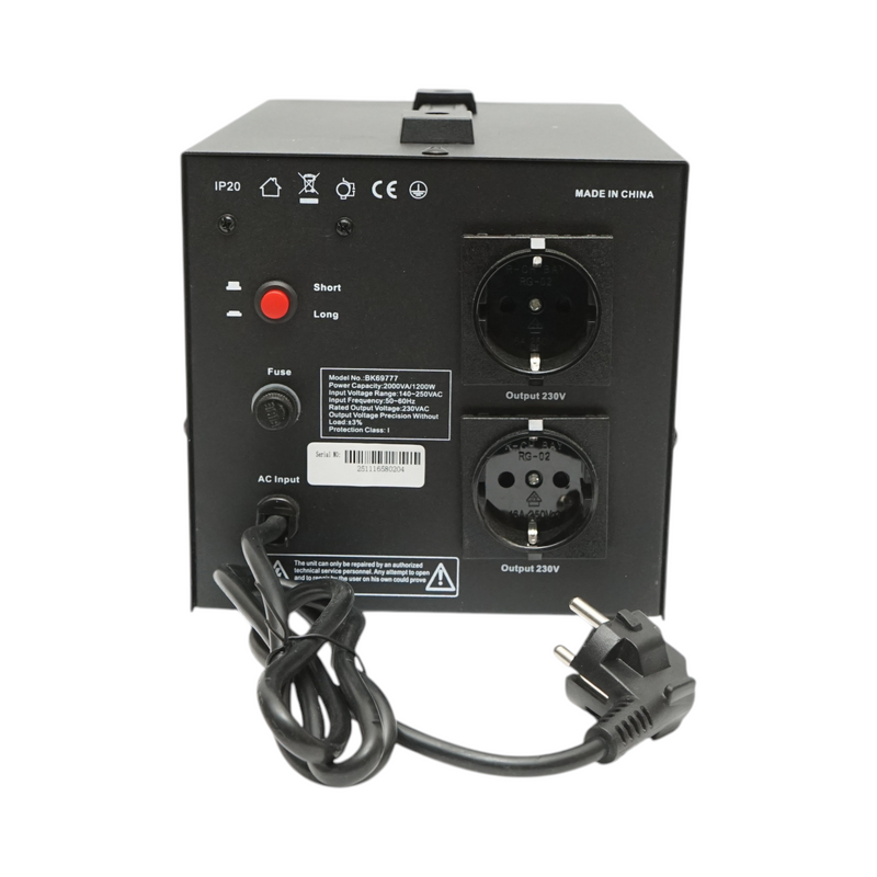 Stabilizzatore di tensione automatico 2000 VA, 1200 W, 140-250 V CA, monofase a relè, 2 prese Schuko da 230 V, display LCD Breckner Germany