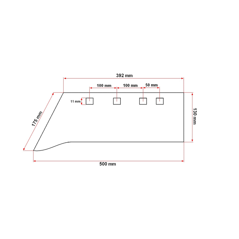 Vomere temprato PP4-PP3 500x392x130 mm con quattro fori di fissaggio da 14 mm