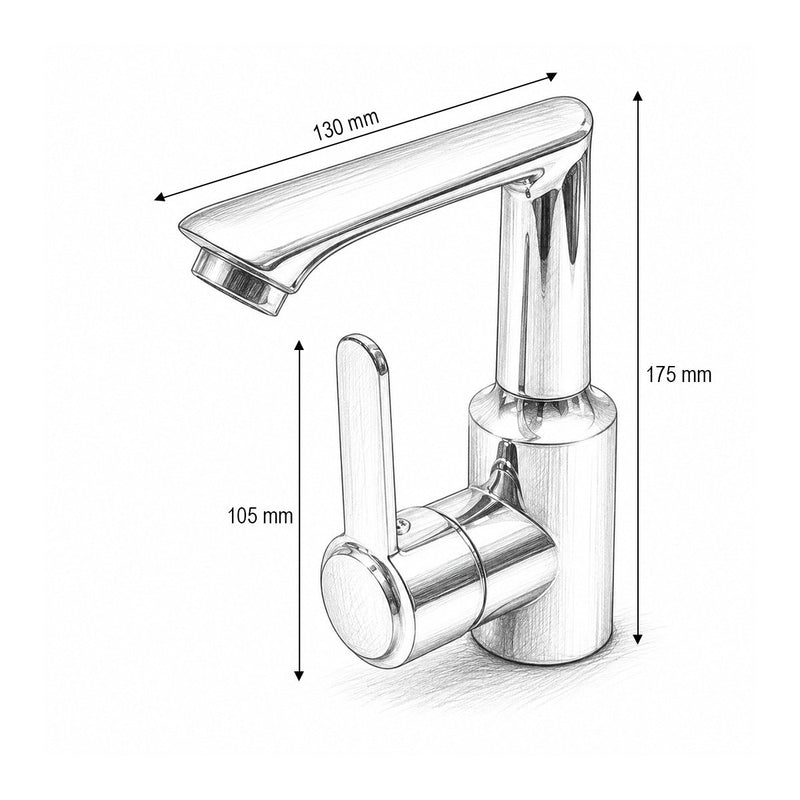 Miscelatore lavabo bagno di forma rotonda, monocomando, finitura cromo lucido, acciaio inox, flessibili inclusi