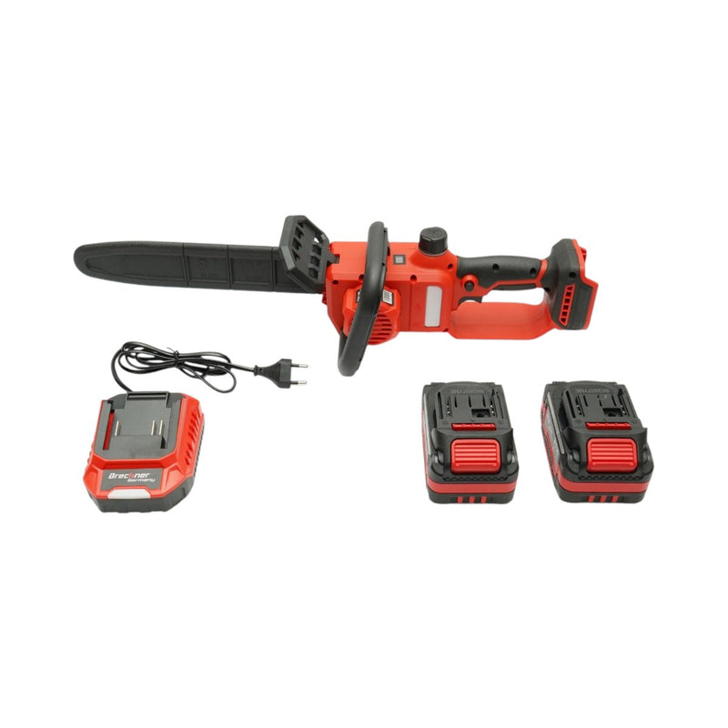 Mini motosega elettrica da 800 W con due batterie agli ioni di litio da 21 V e 4 Ah, motore brushless, barra da 12 pollici (300 mm), capacità di taglio di 260 mm e display digitale a LED. Breckner Germany