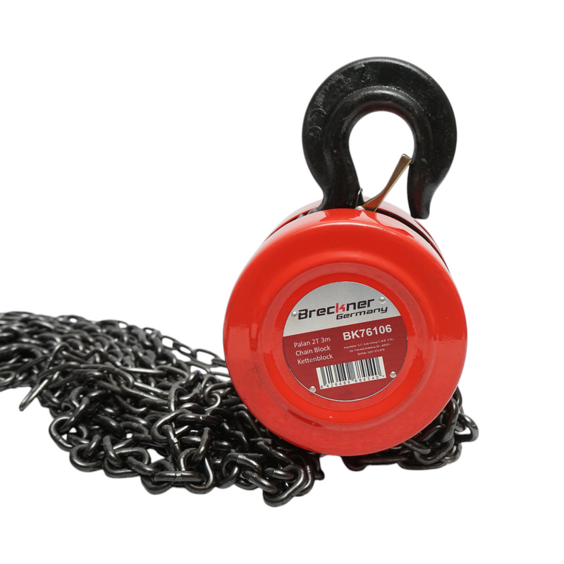 Paranco manuale con catena da 3 m, portata massima 2000 kg, gancio di sicurezza Breckner Germany