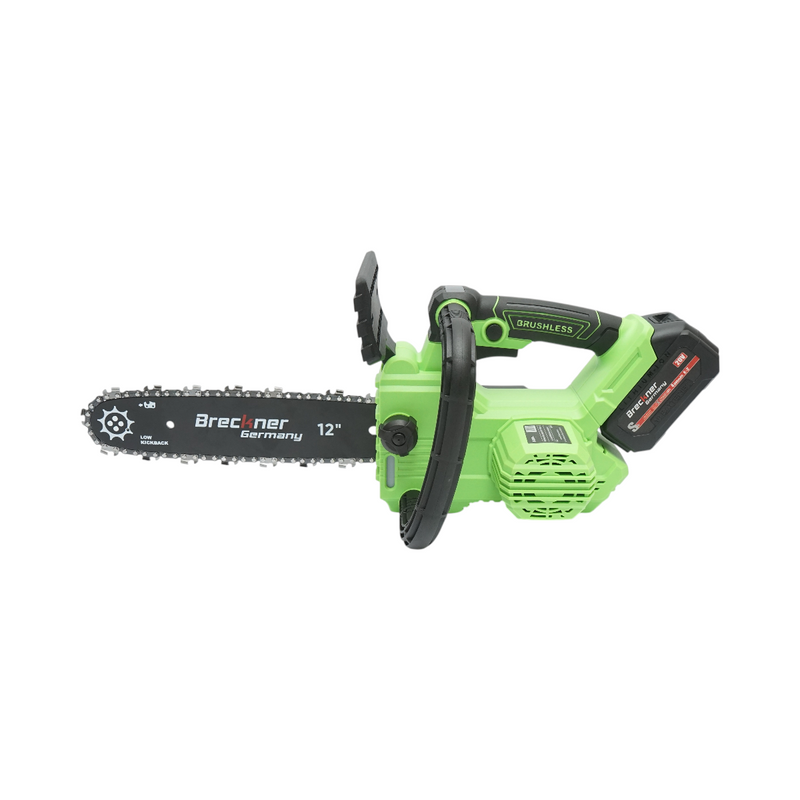 Motosega elettrica professionale con due batterie agli ioni di litio da 20 V e 4 Ah, motore brushless, display digitale a LED e barra da 12 pollici (300 mm). Breckner Germany