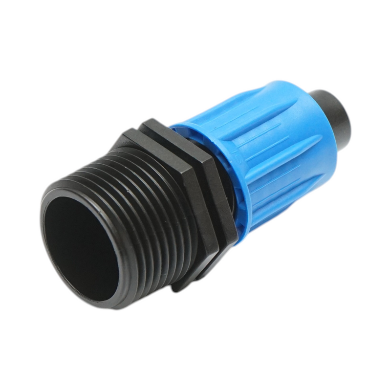 Connettore per tubo di irrigazione a goccia con filettatura esterna da 16 mm x 3/4 di pollice per sistemi di irrigazione.