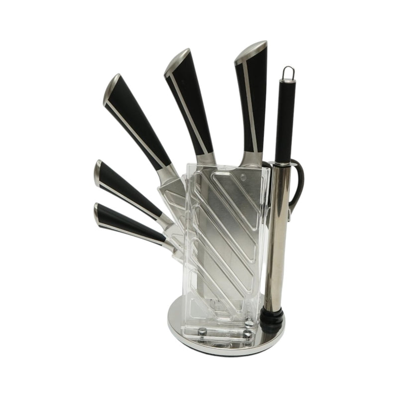 Set di coltelli da cucina da 8 pezzi con supporto girevole in acrilico, forbici e acciaino; lame in acciaio 3Cr13, manici in acciaio 18/0 nero. Breckner Germany