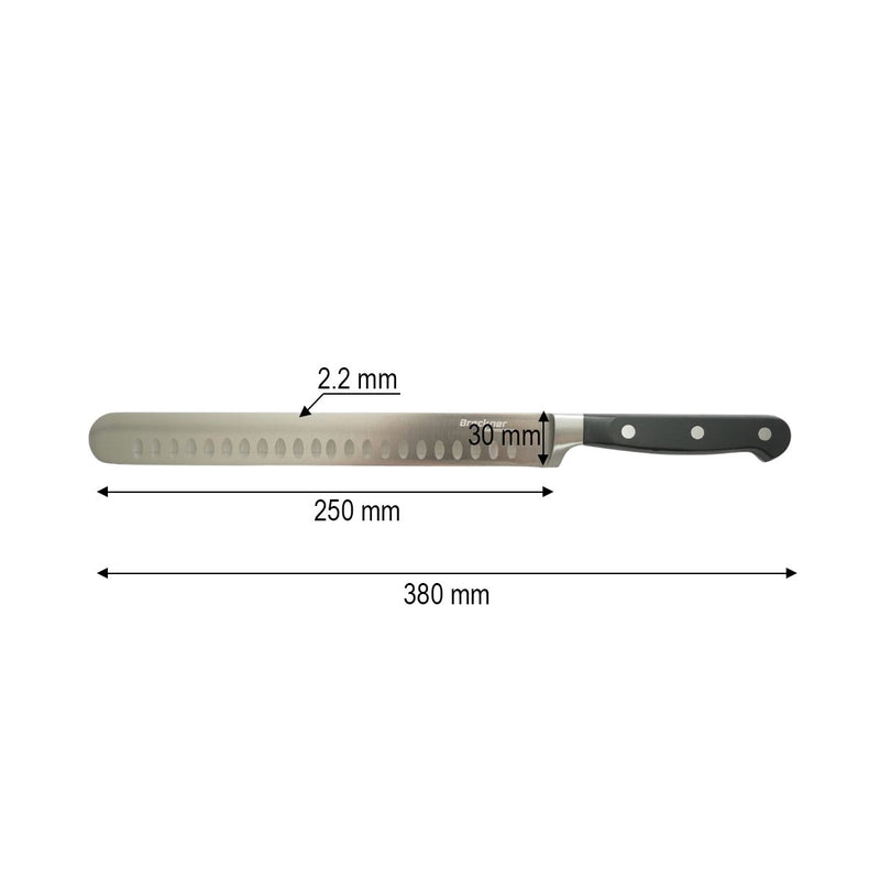 Coltello professionale per affettare da 25 cm, lama in acciaio 5Cr15MoV con filo alveolato, manico in ABS nero. Breckner Germany