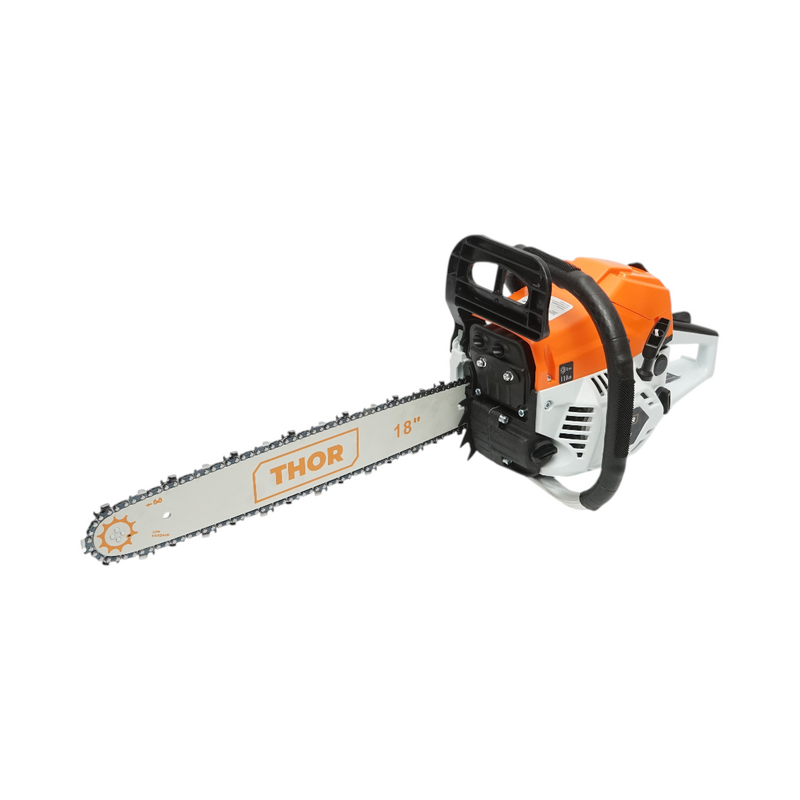 Motosega a scoppio professionale THOR a 2 tempi, 58 cc, 3,3 CV, 8500 giri/min, barra da 18 pollici (450 mm)