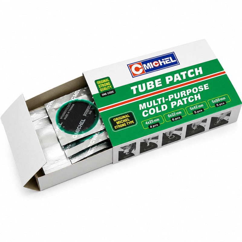Set di 20 toppe rotonde per vulcanizzazione (25 mm, 32 mm, 42 mm, 50 mm) + 1 tubetto di adesivo da 20 ml per camere d'aria