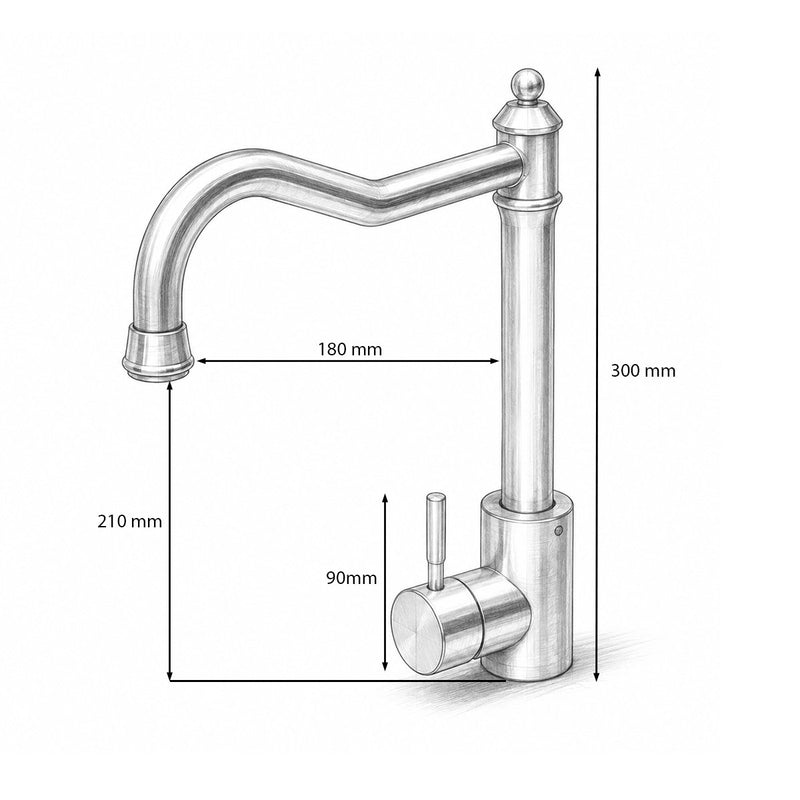 Rubinetto da cucina in stile rétro con canna alta girevole a collo di cigno, monocomando, finitura nichel satinato, in acciaio inox, flessibili inclusi.