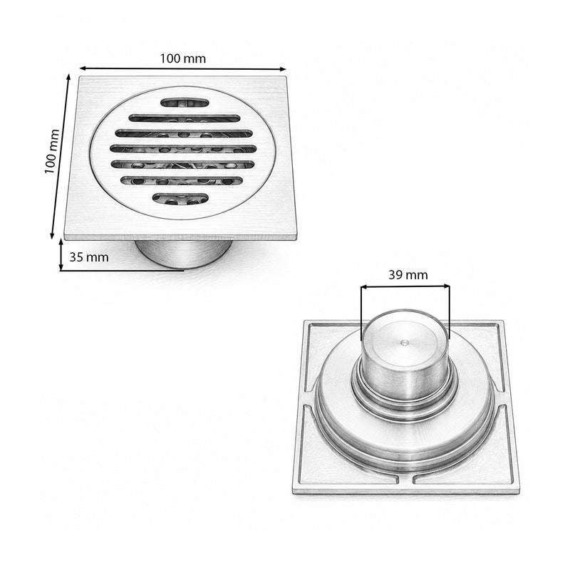 Scarico a pavimento quadrato con griglia, oro satinato, acciaio inox, 100x100 mm