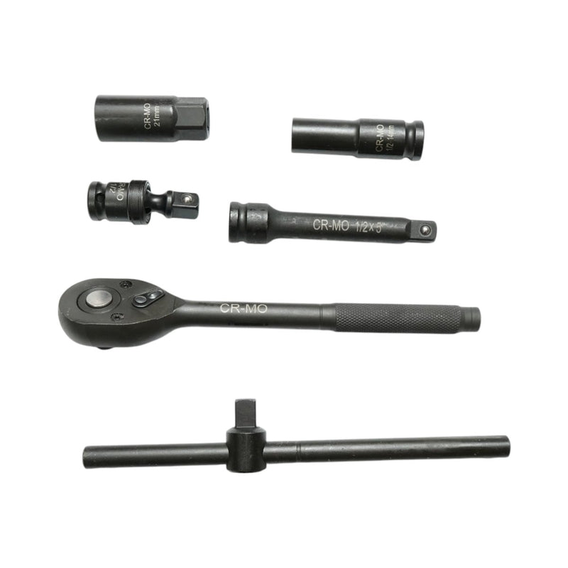 Set di 23 bussole lunghe da 1/2" in acciaio al cromo-molibdeno (8–32 mm), comprensivo di cricchetto, prolunga da 127 mm, impugnatura a T e snodo cardanico Breckner Germany