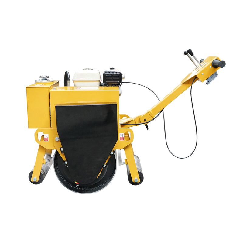 Rullo compattatore da 200 kg con tamburi da 450 mm e motore a benzina Honda GX160 da 5,5 CV, avviamento manuale.