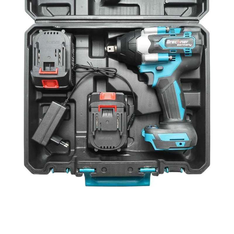 Avvitatore a impulsi da 1/2", due batterie agli ioni di litio da 21 V e 3 Ah, LED, coppia di 800 Nm, motore brushless Breckner Germany