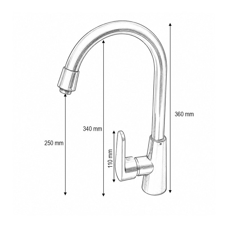 Miscelatore monocomando per lavello cucina con bocca alta girevole a forma di U, finitura cromata lucida, acciaio inox, flessibili inclusi.