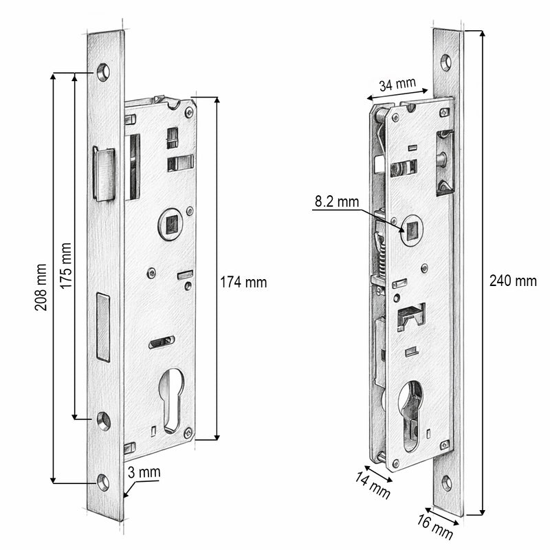 Serratura da infilare con scrocco, scatola 34x174 mm, frontale 16x240 mm, finitura nichel satinato, viti incluse