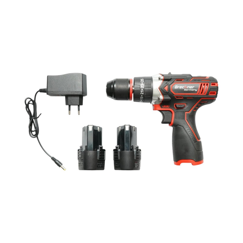Trapano avvitatore a percussione a batteria, due batterie Li-Ion da 12 V 1,5 Ah, LED, 25 Nm, mandrino da 10 mm, 0-400/1500 giri/min Breckner Germany