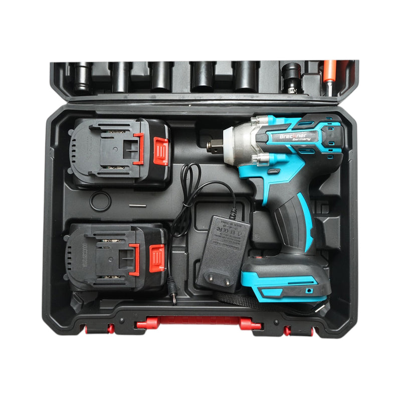 Avvitatore a impulsi da 1/2", due batterie agli ioni di litio da 21 V e 3 Ah, luce LED, motore brushless, coppia di 400 Nm; include bussole, punte da trapano e inserti per avvitatore (set da 31 pezzi) Breckner Germany