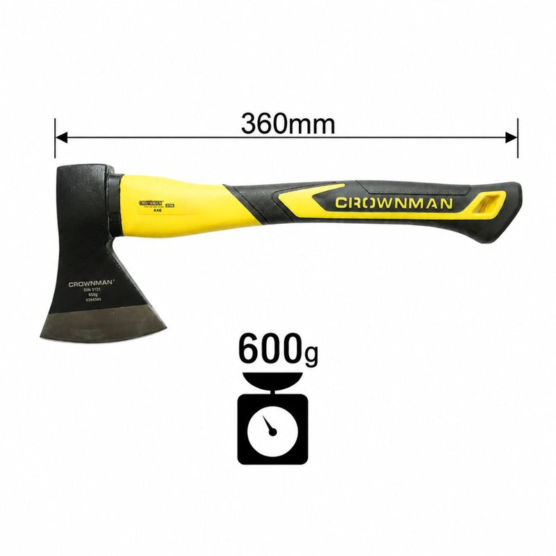 Accetta professionale Crownman da 600 g con lama in acciaio forgiato, manico in fibra di vetro e impugnatura antiscivolo in TPR.