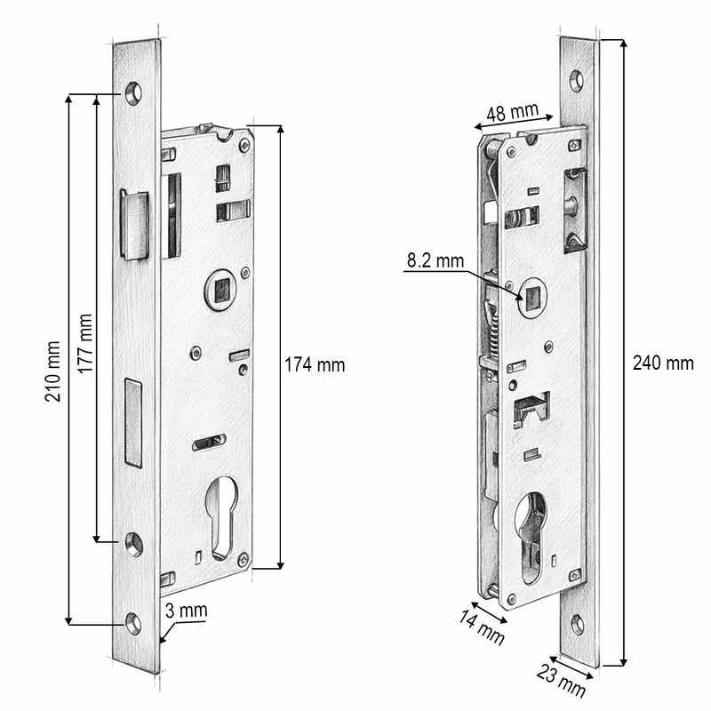 Serratura da infilare con scrocco, scatola 48x174 mm, frontale 23x240 mm, finitura nichel satinato, viti incluse