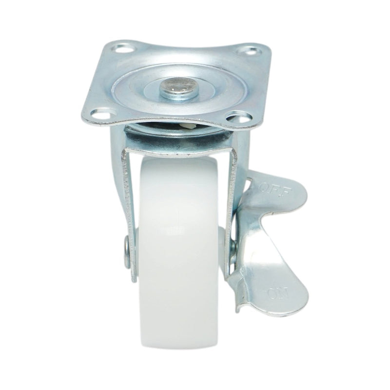 Ruota pivottante 65x23 mm con freno, in polipropilene bianco, piastra in acciaio 70x58 mm, portata 35 kg
