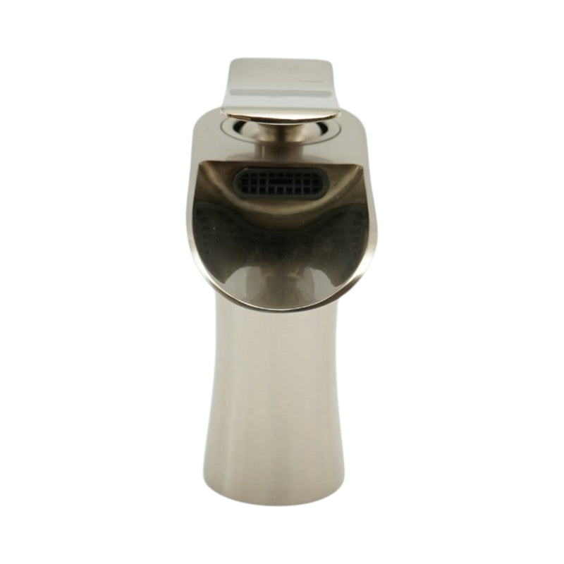 Rubinetto di alta qualità in rame per lavabo da bagno, bocca a cascata, design rotondo, monocomando, finitura argento satinato, flessibili inclusi.