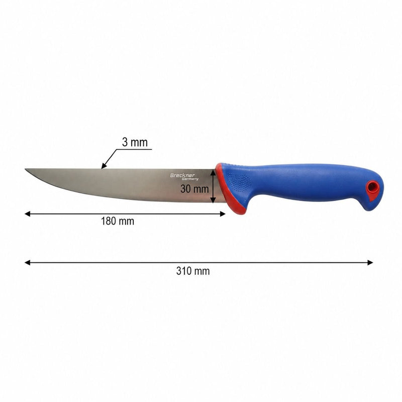 Coltello professionale da macellaio e per macellazione (lama da 18 cm), lama in acciaio 5Cr15MoV, manico in nylon blu-rosso. Breckner Germany