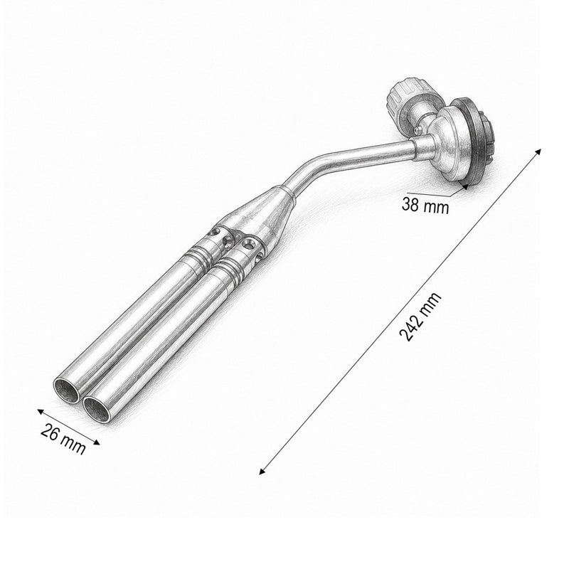 Testina per cannello a gas a doppia fiamma per saldatura, rotazione a 360 gradi, accensione manuale, fiamma regolabile fino a 1300°C.