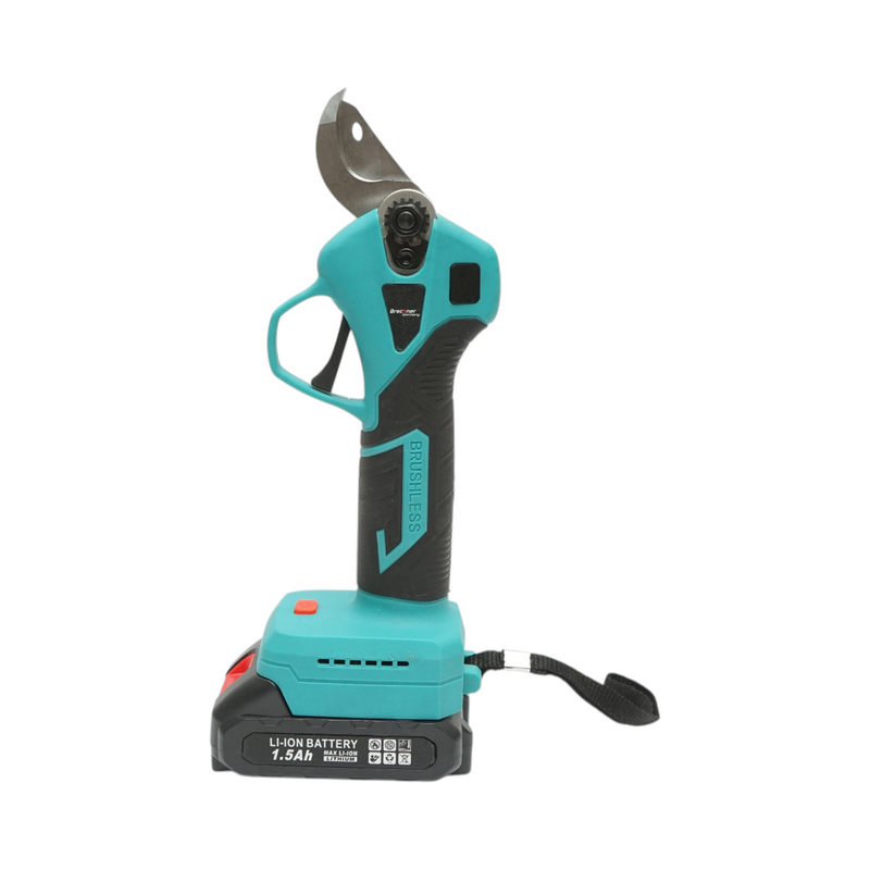 Forbici da potatura elettriche con due batterie agli ioni di litio da 21 V e 1,5 Ah, motore brushless, diametro di taglio 0–25 mm e pulsante di sicurezza. Breckner Germany