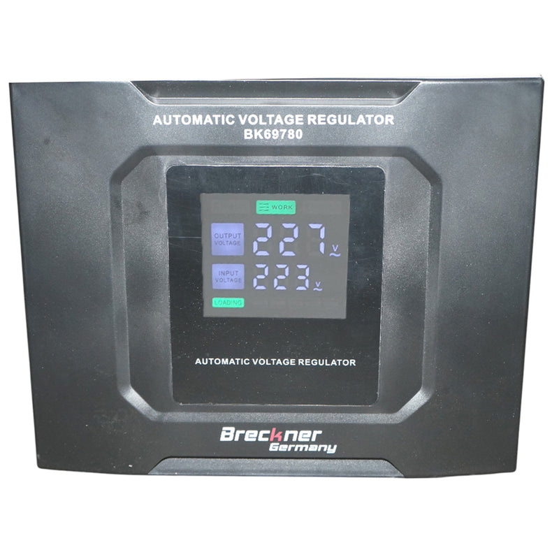 Stabilizzatore di tensione automatico da 10 kVA, 8000 W, 140–250 VAC; monofase a relè, con bypass, connessione a morsettiera e display LCD. Breckner Germany