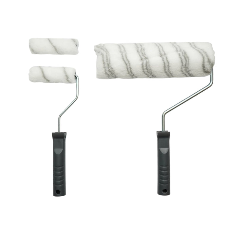 Set per tinteggiatura e decorazione: rulli in poliestere da 10 cm e 25 cm, 4 pennelli, spatola, miscelatore, vaschetta per vernice, griglia di sgocciolamento, telo protettivo, cutter (15 pezzi).Breckner Germany