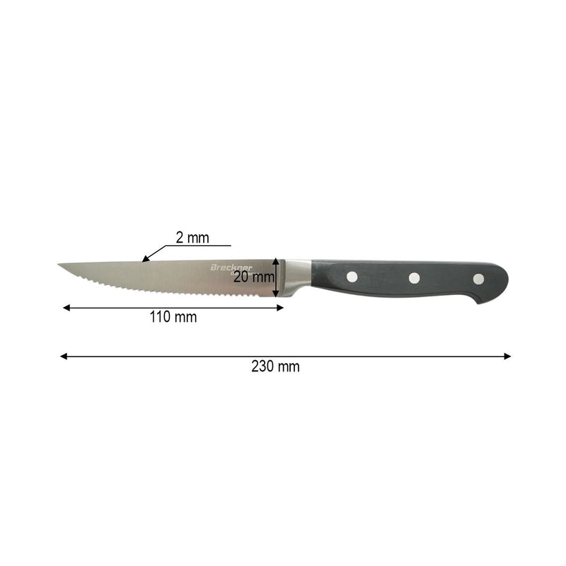 Coltello da bistecca professionale da 11 cm, lama seghettata in acciaio 5Cr15MoV, manico in ABS nero. Breckner Germany