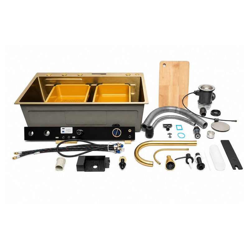 Lavello da cucina multifunzionale in acciaio inox con finitura PVD color oro, dotato di due rubinetti, display digitale della temperatura, doppia uscita  e accessori inclusi (75x46x22 cm).