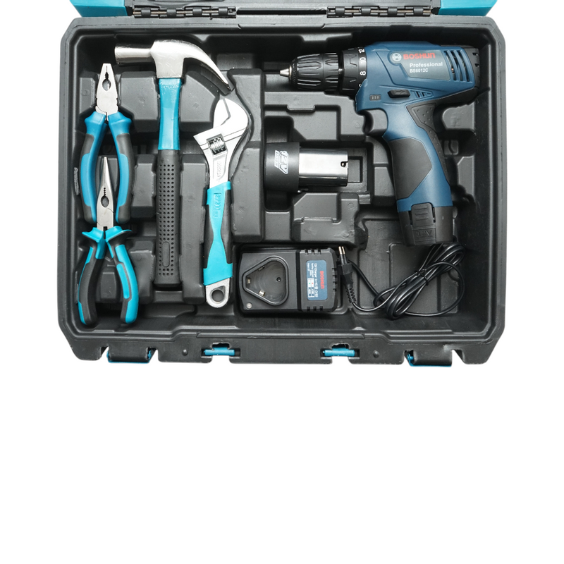 Trapano-avvitatore professionale con due batterie da 12 V/2,0 Ah e un set di utensili da 49 pezzi.