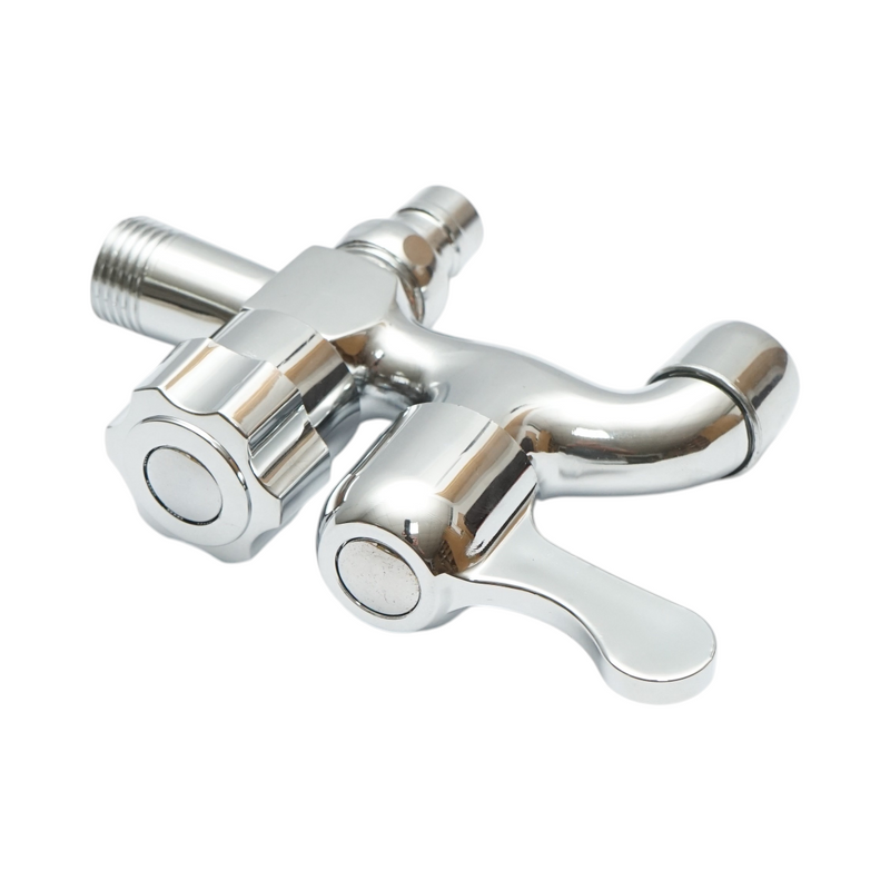 Rubinetto a doppia uscita, a parete, in acciaio inox, finitura cromo lucido