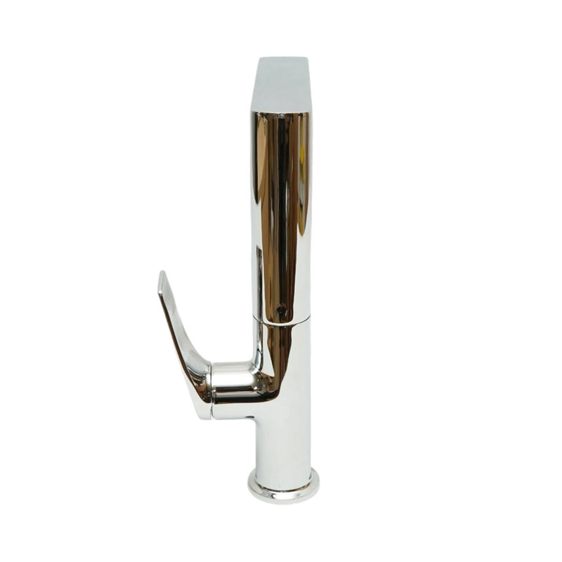 Miscelatore alto di alta gamma per lavabo da bagno in rame, con bocca girevole lunga, design arrotondato, monocomando, finitura cromata lucida e flessibili inclusi.