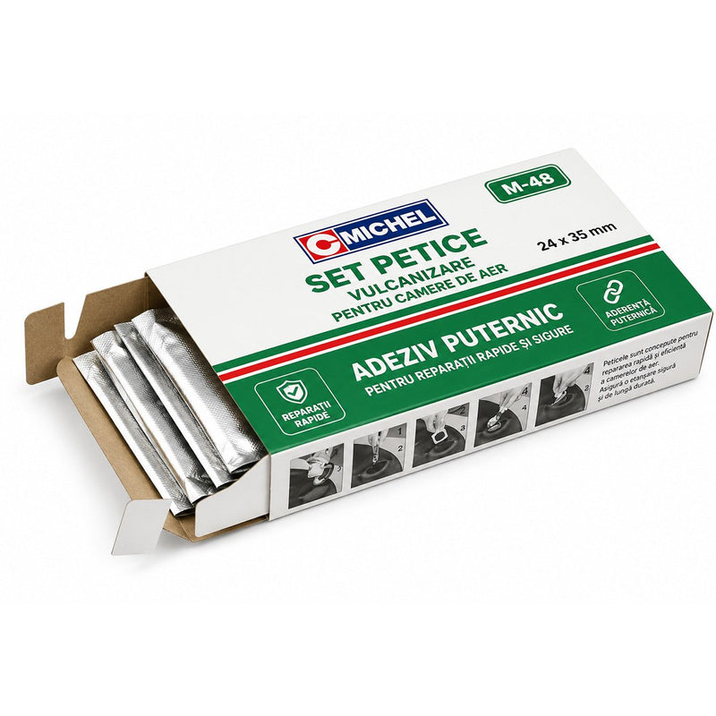 Set di 48 toppe ovali per vulcanizzazione (24x35 mm) + 1 tubetto di adesivo da 20 ml per camere d'aria – M-48 Michel