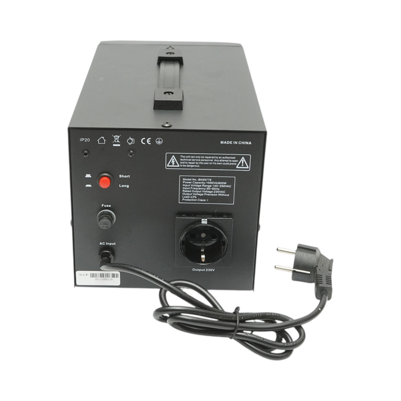 Stabilizzatore di tensione automatico 1000VA, 600W, 140-250VAC, monofase a relè, 1 presa Schuko 230V, display LCD Breckner Germany
