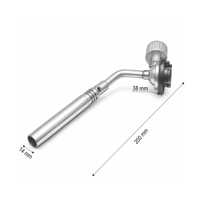 Testina per cannello a gas per bombolette spray, accensione manuale, fiamma regolabile a 1300°C.