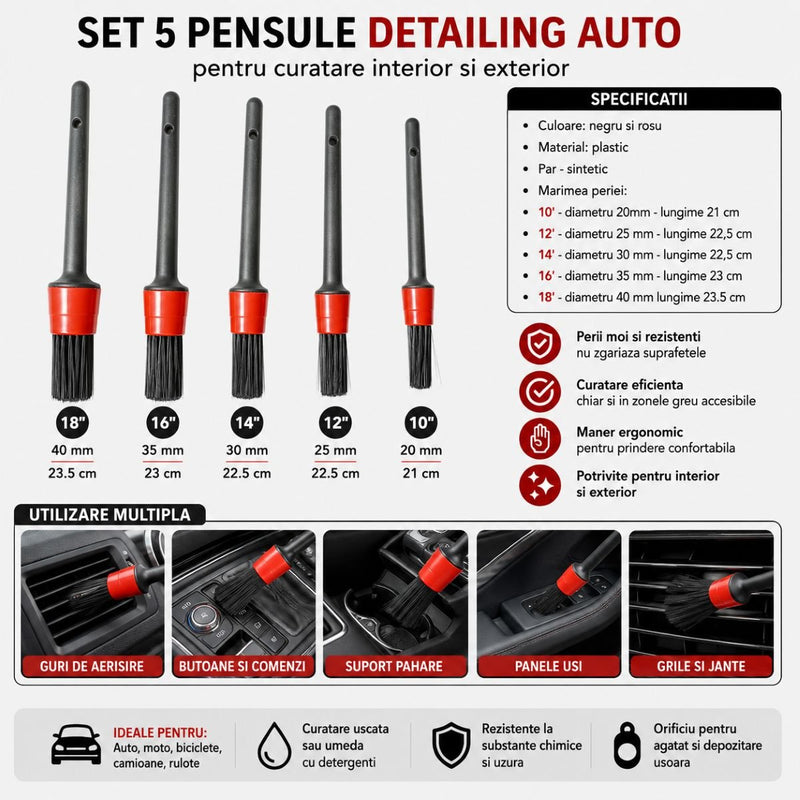 Set di 5 spazzole per la pulizia e i dettagli degli interni auto (20-40 mm) Breckner Germany