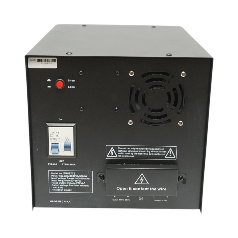 Stabilizzatore di tensione automatico da 5000 VA / 3000 W, 140-250 V CA, con relè monofase, bypass, connessione a morsettiera e display LCD. Breckner Germany