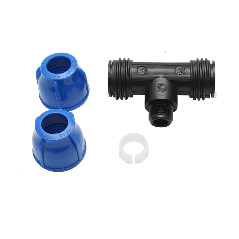 Raccordo a T a compressione a 90° con filetto maschio D20x20 mm x 1/2", PN16 bar, per impianti di irrigazione